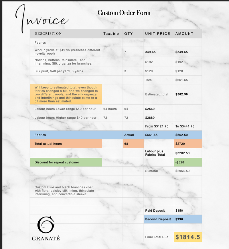 Sue Final Invoice for Blue and Black Branches Custom Coat.